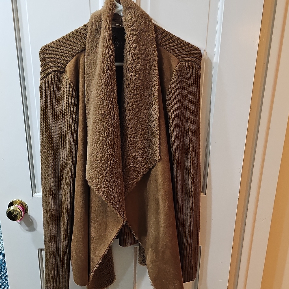 Brown Faux Suede and Knit Cardigan